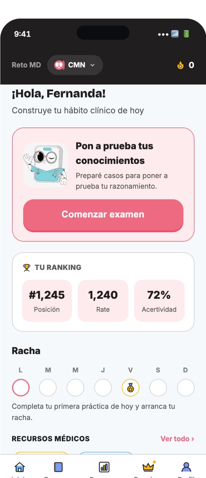 Captura de la app: inicio con tu examen de especialidad, ranking y racha