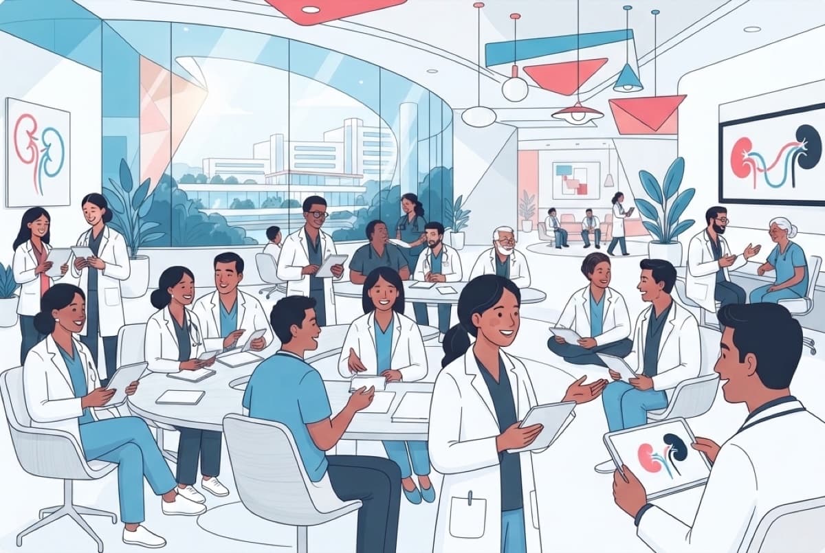 Ilustración: residentes y especialistas estudian juntos con tabletas en un espacio de la escuela